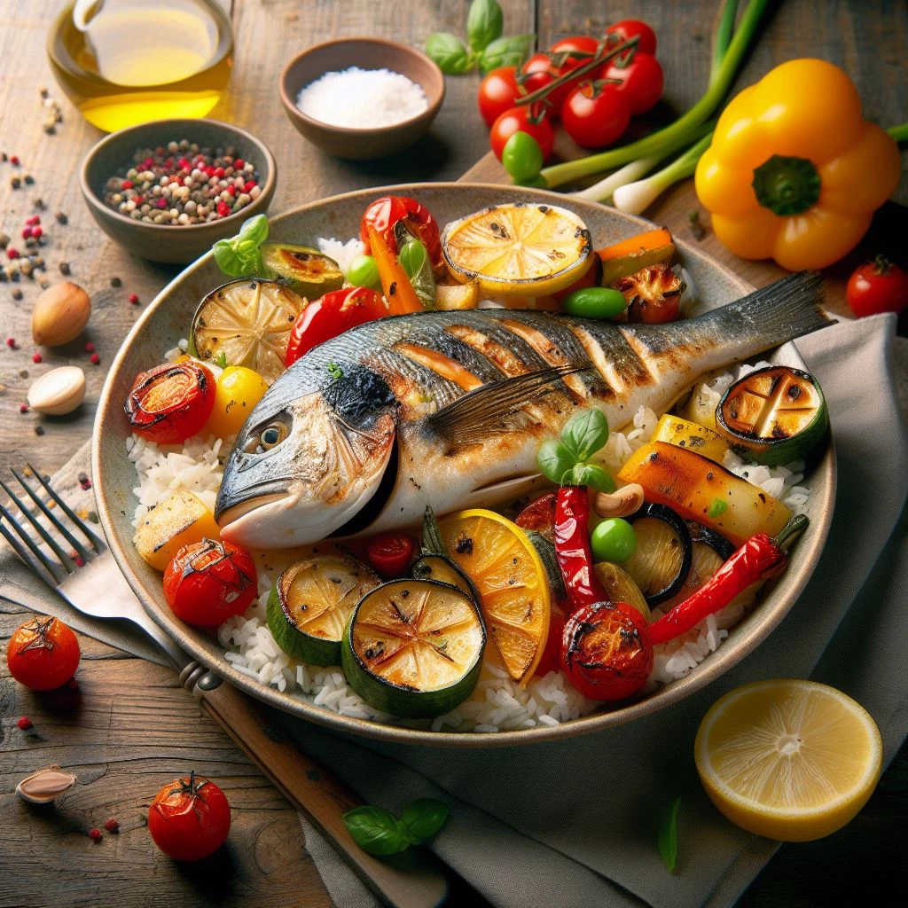 Plato de pescado a la brasa con verduras y arroz