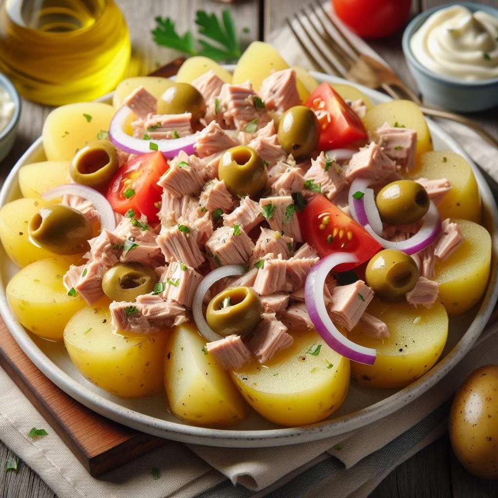 Plato de papas sancochadas con atún, aceitunas, tomates cherry y cebolla morada con orégano