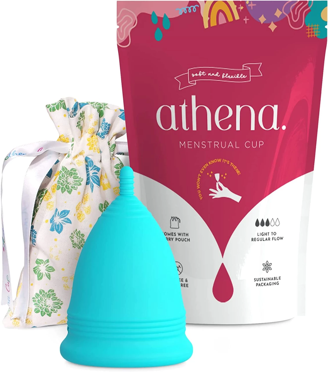 Athena Copa Menstrual – La copa menstrual más recomendada - Incluye una bolsa de regalo - Talla 1, Azul liso - ¡Ausencia de pérdidas garantizada!