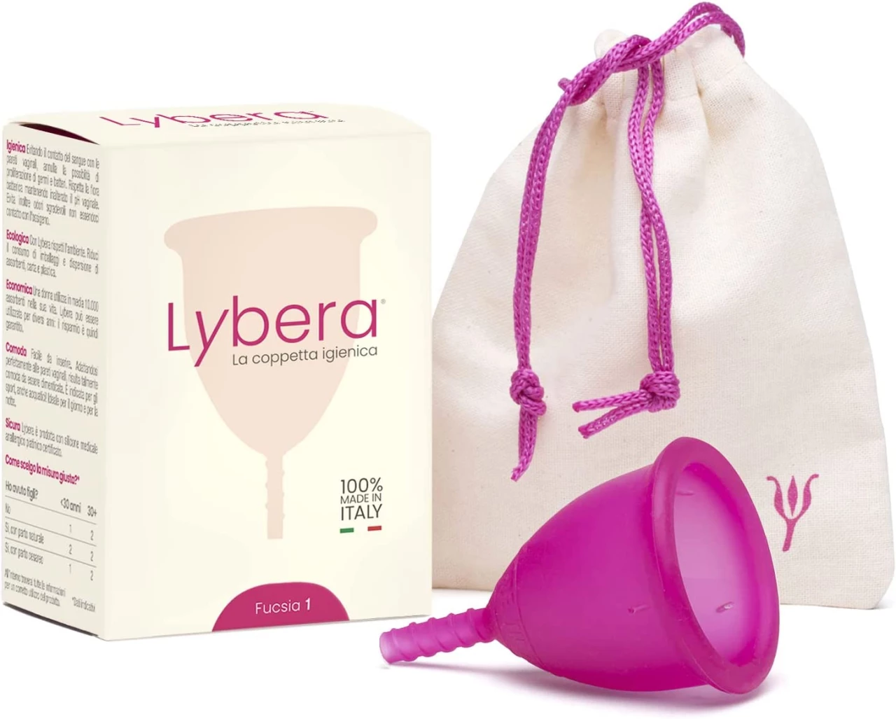Lybera Copa menstrual fabricada en Italia, copa menstrual suave, segura, de silicona médica, ecológica, para higiene íntima, cómoda, disponible en 2 tallas, talla 1, color fucsia