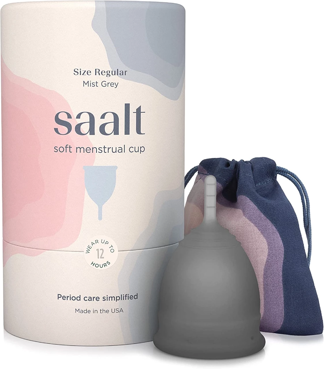 Saalt Soft Copa menstrual suave, súper suave y flexible, la mejor copa menstrual, para llevar durante 12 horas, fabricada en EE. UU (gris, regular)