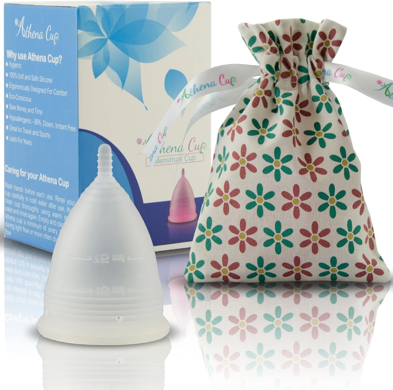 Athena Copa Menstrual – La copa menstrual más recomendada - Incluye una bolsa de regalo - Talla 2, Transparente - ¡Ausencia de pérdidas garantizada!